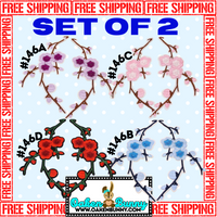 6"x2.70" Set of 2 CHERRY BLOSSOMS in Purple, Pink, Blue, Red Embroidered Flower Patches with Iron On Backing