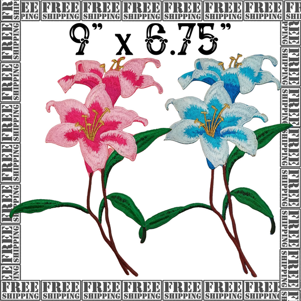 9"x6.75" XL LILLIES Pink & Blue Embroidered Iron On Patches