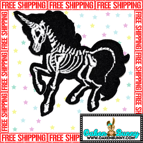 2.80"x2.50" SKELETON UNICORN Embroidered Patch with Choice of Backing