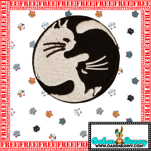 2.45" Yin and Yang Cats Black and White Round Embroidered Patch with Choice of Backing