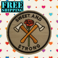 3" SWEET & STRONG Axes with Red Rose Round Embroidered Patch with Choice of Backing