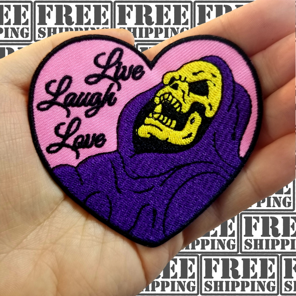 3.05"x3" SKELETOR Heart Live Laugh Love Embroidered Patch with Choice of Backing