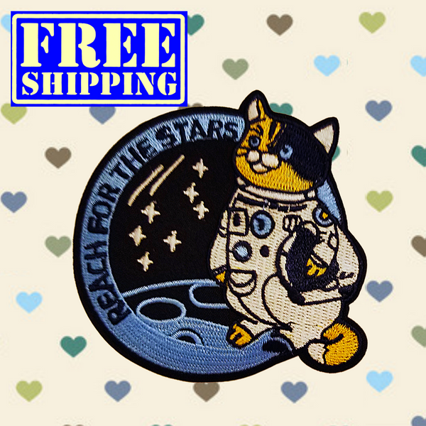 3" REACH FOR THE STARS SPACE CAT ASTRONAUT Fully-Embroidered Patch with Choice of Backing