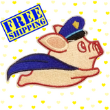 3.20"x2.30" SUPER FLYING POLICE PIG in Blue Cape Embroidered Patch with Choice of Backing