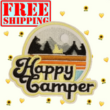 3.20"x3" HAPPY CAMPER Yellow Embroidered Patch with Choice of Backing