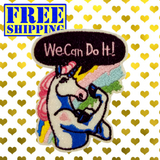 3.75"x3" Sparkly WE CAN DO IT Unicorn Rosie The Riveter-Inspired Embroidered Patch with Choice of Backing