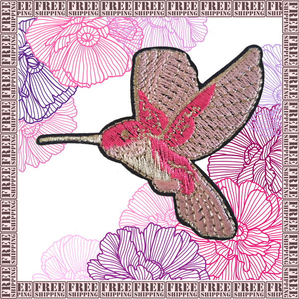 2.70"x2.25" PINK HUMMINGBIRD Embroidered Patch with Iron On Backing, Hook Backing or Loop Backing