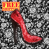 5.75"x4.70" SEQUIN RED HIGH HEEL Patch with Choice of Backing