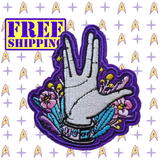 3.54"x3.15" LIVE LONG AND PROSPER Pink and Yellow Floral Stitching on Purple Wool Felt Patch with Choice of Backing