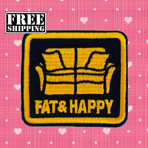 2.45"x2.15" FAT & HAPPY Yellow Stitching Couch on Black Twill Embroidered Patch with Choice of Backing