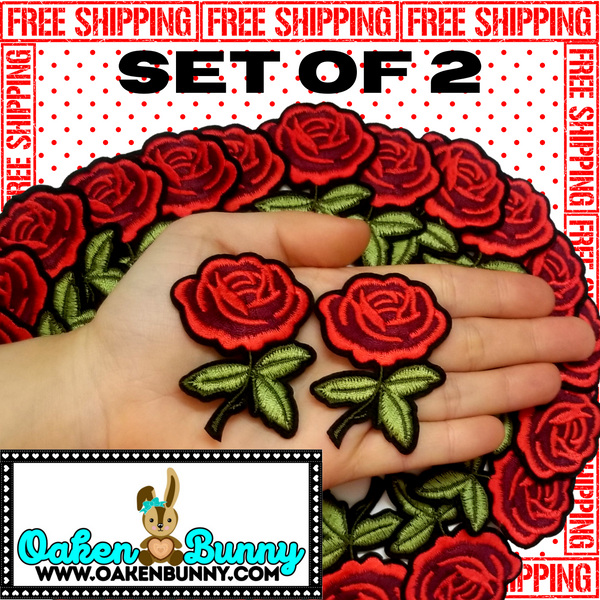 2.55"x1.95" Set of 2 Red Roses Embroidered Patches with Choice of Backing