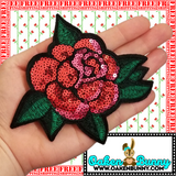 5"x4.55" Large SEQUIN RED ROSE Patch with Choice of Backing (Iron On, Velcro HOOK, or Velcro LOOP)