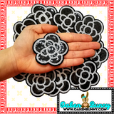 2.80" Sequin Black & White Camellia Rose Patch with Choice of Backing