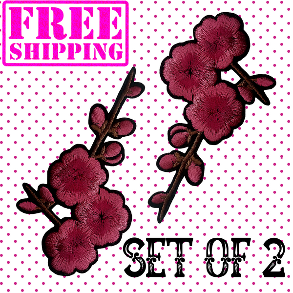 4"x2.20" Set of 2 PLUM CHERRY BLOSSOMS Embroidered Patches with Choice of Backing