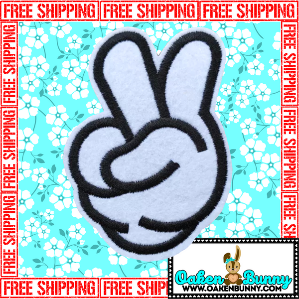 3.20"x2.30" Mickey Mouse Peace Sign White Glove Black Embroidery on White Wool Felt with Choice of Backing