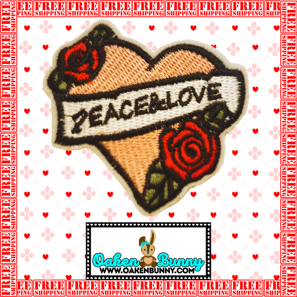 2.75"x2.45" PEACE & LOVE Banner Pink Heart Red Roses Embroidered Patch with Choice of Backing