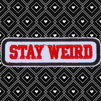 3.05"x0.90" STAY WEIRD Red Stitching on White Twill Embroidered Patch with Choice of Backing