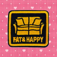 2.45"x2.15" FAT & HAPPY Yellow Stitching Couch on Black Twill Embroidered Patch with Choice of Backing