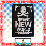 2.80"x1.75" BRAVE NEW WORLD Lopsided Skull White Stitching on Black Twill with Iron On Backing, Hook Backing, or Loop Backing