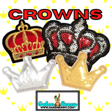 Assorted Grouping of CROWNS TIARAS DIADEMS Embroidered & Sequin Patches with Choice of Backing (Iron On, Velcro HOOK, or Velcro LOOP)