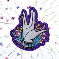 3.54"x3.15" LIVE LONG AND PROSPER Pink and Yellow Floral Stitching on Purple Wool Felt Patch with Choice of Backing