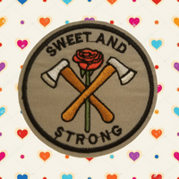 3" SWEET & STRONG Axes with Red Rose Round Embroidered Patch with Choice of Backing