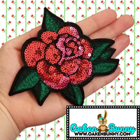 5"x4.55" Large SEQUIN RED ROSE Patch with Choice of Backing (Iron On, Velcro HOOK, or Velcro LOOP)