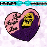 3.05"x3" SKELETOR Heart Live Laugh Love Embroidered Patch with Choice of Backing