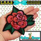 5"x4.55" Large SEQUIN RED ROSE Patch with Choice of Backing (Iron On, Velcro HOOK, or Velcro LOOP)