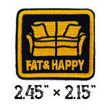 2.45"x2.15" FAT & HAPPY Yellow Stitching Couch on Black Twill Embroidered Patch with Choice of Backing