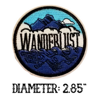 2.85" WANDERLUST White Clouds Floating Above Deep Blue Ocean Waves Amidst Blue Mountains FULLY EMBROIDERED Round Patch with Choice of Backing