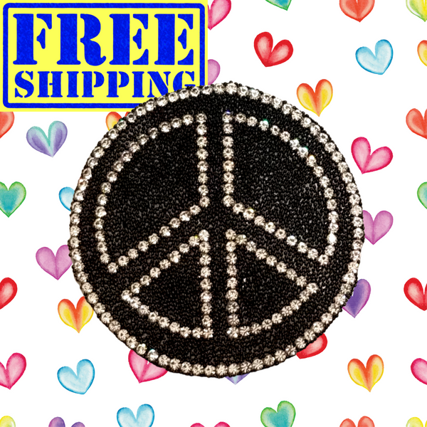 2.45" Rhinestone Peace Sign Applique Black with Clear Rhinestones with Choice of Backing