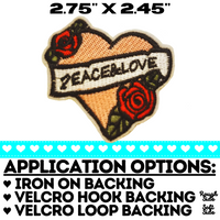 2.75"x2.45" PEACE & LOVE Banner Pink Heart Red Roses Embroidered Patch with Choice of Backing