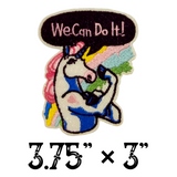 3.75"x3" Sparkly WE CAN DO IT Unicorn Rosie The Riveter-Inspired Embroidered Patch with Choice of Backing