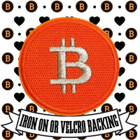 3" BITCOIN Cryptocurrency Symbol Shiny Silver Stitching on FULLY EMBROIDERED Orange Background Round Patch with Choice of Backing