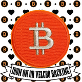 3" BITCOIN Cryptocurrency Symbol Shiny Silver Stitching on FULLY EMBROIDERED Orange Background Round Patch with Choice of Backing