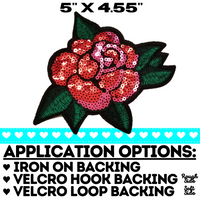 5"x4.55" Large SEQUIN RED ROSE Patch with Choice of Backing (Iron On, Velcro HOOK, or Velcro LOOP)