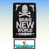 2.80"x1.75" BRAVE NEW WORLD Lopsided Skull White Stitching on Black Twill with Iron On Backing, Hook Backing, or Loop Backing