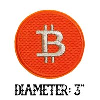 3" BITCOIN Cryptocurrency Symbol Shiny Silver Stitching on FULLY EMBROIDERED Orange Background Round Patch with Choice of Backing