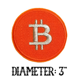 3" BITCOIN Cryptocurrency Symbol Shiny Silver Stitching on FULLY EMBROIDERED Orange Background Round Patch with Choice of Backing