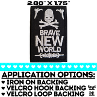 2.80"x1.75" BRAVE NEW WORLD Lopsided Skull White Stitching on Black Twill with Iron On Backing, Hook Backing, or Loop Backing