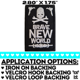 2.80"x1.75" BRAVE NEW WORLD Lopsided Skull White Stitching on Black Twill with Iron On Backing, Hook Backing, or Loop Backing