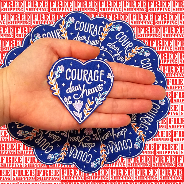 2.90"x2.90" COURAGE DEAR HEARTS Blue Floral Heart Embroidered Patch with Choice of Backing