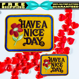 2 Sizes - HAVE A NICE DAY Yellow Embroidered Patch Red Flower with Choice of Backing