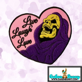 3.05"x3" SKELETOR Heart Live Laugh Love Embroidered Patch with Choice of Backing